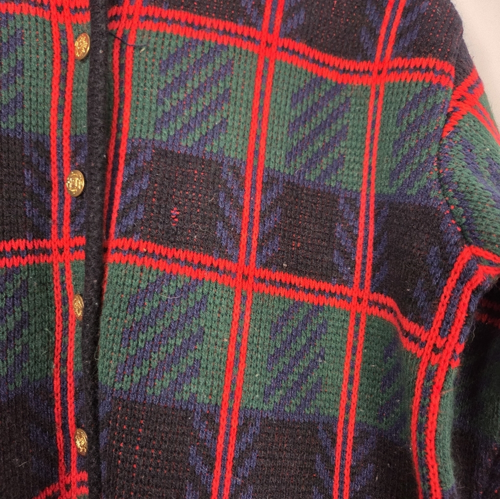 Vintage Tally Ho Cardigan Sweater Womens L Green Red Plaid Long Sleeve - Picture 2 of 6